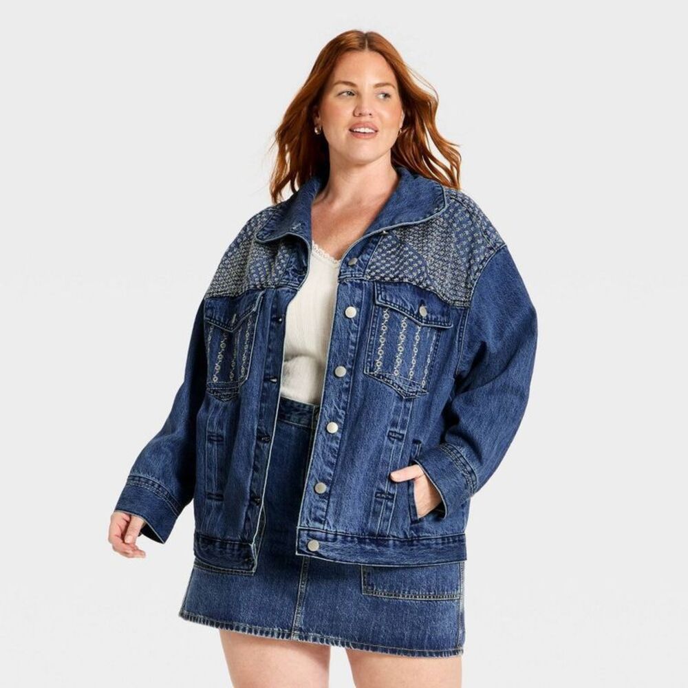 Women's Relaxed Embroidered Denim Jacket - Universal Thread Medium Wash 4X